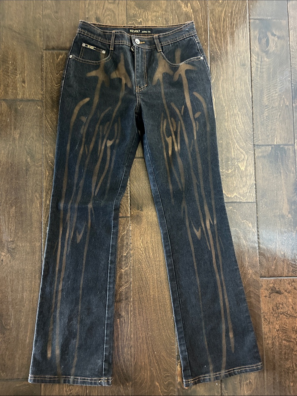 Revolt Dark Denim Jeans with Brown Bleach Flame Design
